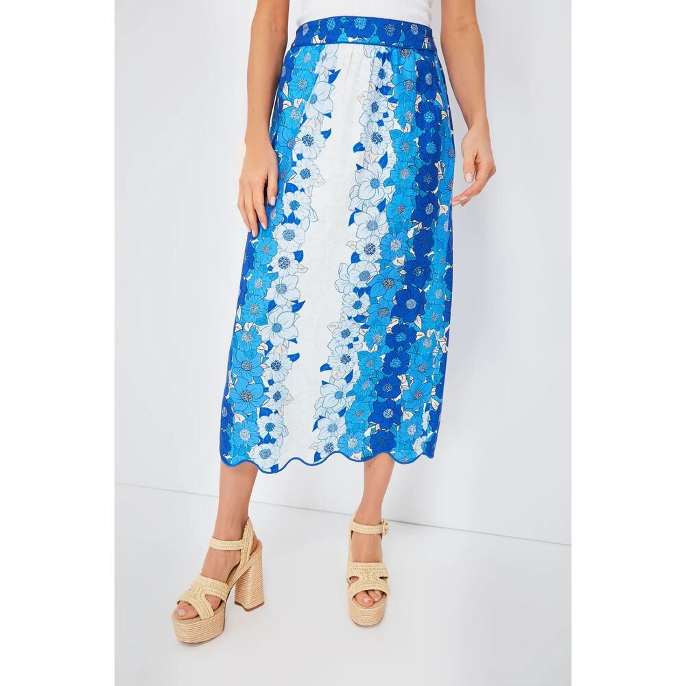 Farm Rio Flower Linen Blend Midi Skirt Women's L Blue White Tropical Hawaii NWT